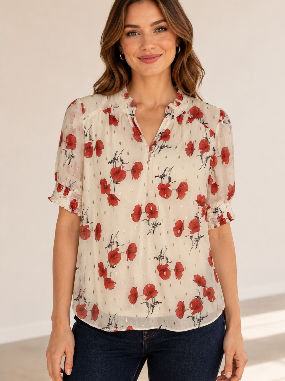Chapter One Red Poppy Floral Metallic Chiffon Blouse Size S